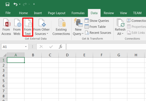 Figure 2 Microsoft Excel Data tab, From Text button
